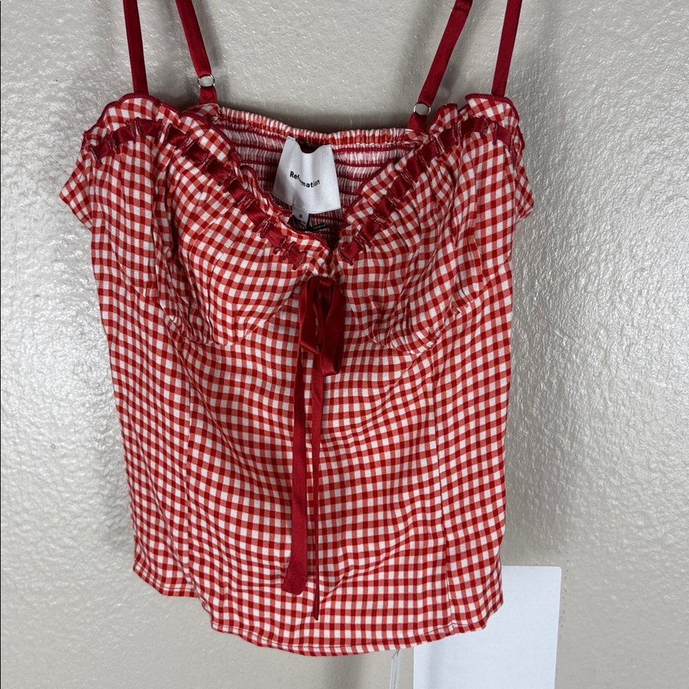 Reformation Andrea Top in Strawberry Check - Picture 4 of 9